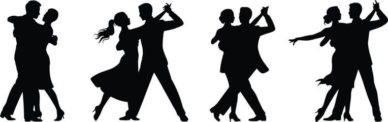 Dance silhouettes, ballroom poses, Latin dancers, elegant movement, couple choreography, formal outfits, graceful stances, romantic figures, performance icons, artistic motion