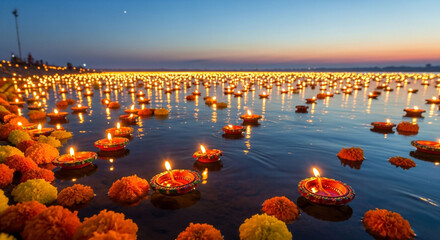 Illustration of diyas floating on water at sunset during diwali