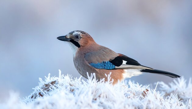 Jay in frosty meadow