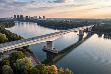 An aerial view of a bridge spanning a river with a city skyline in the background at sunset time