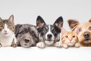A group of cute cats and dogs are lined up together, looking curiously forward against a white background