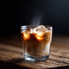 Refreshing cold coffee in a glass with ice cubes on a wooden surface with a dark background perfect for beverage and summer feeling themes