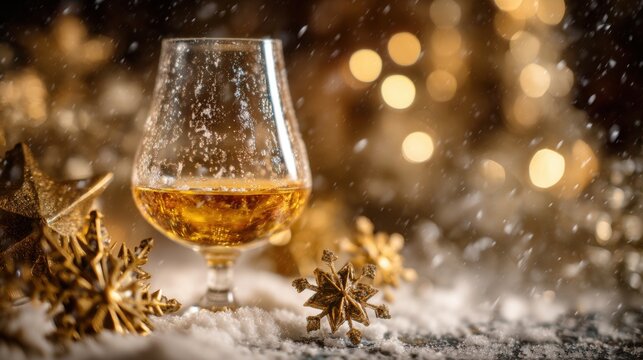 A glass of whiskey sits among golden snowflakes and sparkling decorations, surrounded by falling snow and warm festive lights
