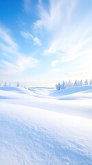 Pristine snow dunes under a bright blue sky with wispy clouds and lightly frosted trees scattered in the distant landscape