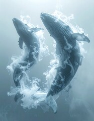 Two majestic whales swim serenely through hazy, ethereal waters in a surreal composition of graceful movement and calming, misty atmosphere
