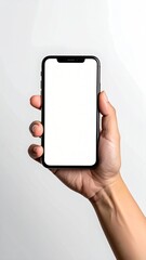 A hand holds a smartphone with a blank white screen against a plain white background, showcasing simplicity and potential use