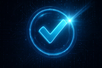Blue glowing check mark icon in digital futuristic circle with light rays technology background