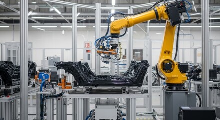 Industrial robotic arm working on car part assembly line
