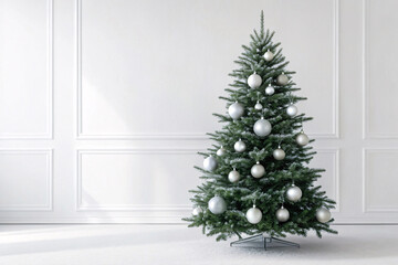 Full-sized Christmas tree with silver and white baubles in modern room with decorative molding