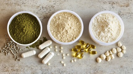 Diverse Natural Supplements and Powders Arranged on Light Background