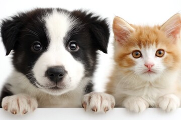 Fototapeta premium A cute puppy and kitten sit side by side, looking directly at the camera with curious and innocent expressions against a white background