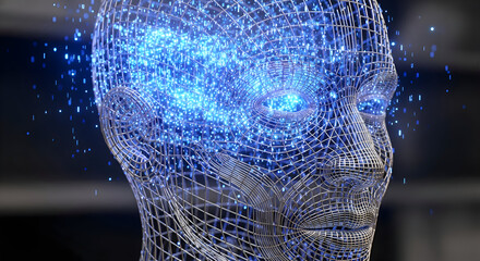 Digital Wireframe Human Head with Glowing Blue Data and Artificial Intelligence Concept