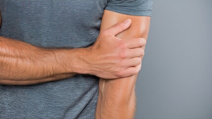 A person in a gray shirt holding their upper arm, possibly experiencing arm pain or discomfort, against a plain background