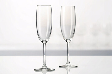 Fototapeta premium Two empty crystal champagne flutes with long stems positioned side by side on reflective white surface, pristine and ready.