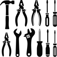 Hand tool silhouettes, hammer icon, pliers graphics, wrench shapes, screwdriver symbols, repair tools, mechanical design, utility icons, DIY elements, black outlines