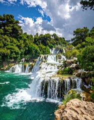 Scenic multi-tiered waterfalls cascade into a turquoise pool, framed by lush greenery under a partly cloudy, vibrant blue sky