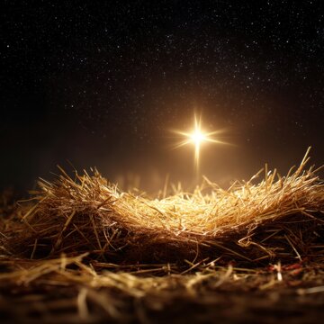 A glowing star shines above an empty straw manger under a starry night sky, evoking a peaceful and spiritual atmosphere