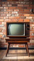Retro television on a wooden stand against a brick wall, with an overhead bulb. Warm, nostalgic, vintage, studio background
