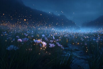 Magical meadow with glowing fireflies at night