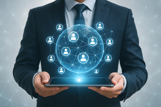 Business professional displaying holographic global network of user connections on tablet - Powered by Adobe