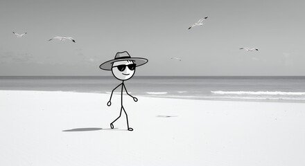Stick figure walking on beach