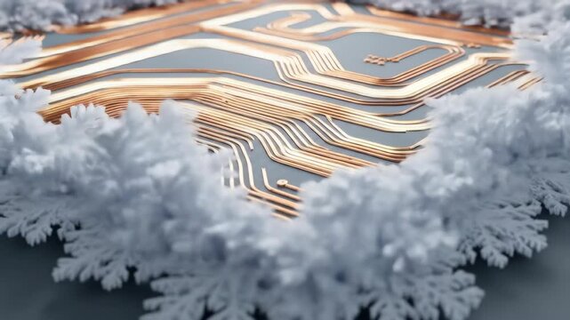 Quantum computer chip amidst simulated cryogenic cooling system, A visual representation of the quantum computing age