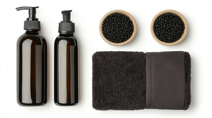 Elegant Black Bottles and Towel Arrangement for Spa or Beauty Care