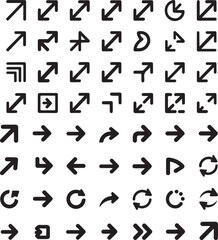 Diverse collection of black directional and navigational icons on a white background
