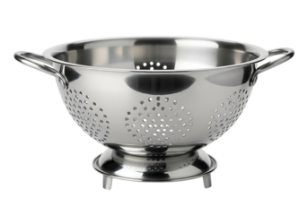 Stainless steel colander with handles and feet isolated on transparent background