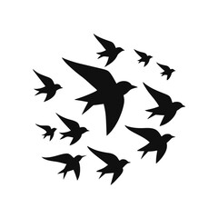 A striking silhouette of a flock of birds in flight rendered in solid black vector art