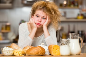 A young woman with messy hair looks frustrated at a table filled with bread, cheese, and milk in a kitchen setting