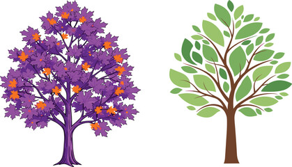 Colorful tree illustration, purple foliage, green leaves, artistic contrast, stylized nature, abstract forest, vibrant trunks, seasonal diversity, botanical artwork, fantasy trees