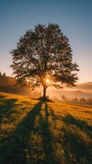 Fototapeta premium Beautiful sunrise over grassy meadow with trees and hills casting golden light shadows on green field creating peaceful tranquil nature scene perfect for calm relaxing backgrounds.