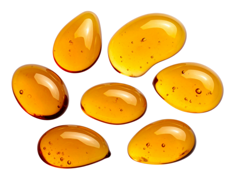 Cluster of Small Amber Droplets with Reflections, Macro Style, Transparent PNG
