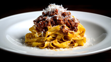 Handmade Tagliatelle Pasta with Rich Bolognese Sauce and Parmesan Cheese Garnish