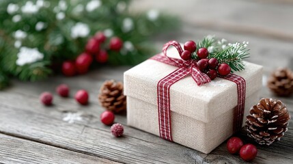 Elegant Christmas Gift Box with Red Ribbon on Rustic Wood Surface with Pine Cones and Berries Festive Holiday Still Life