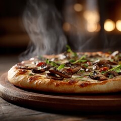 Freshly baked pizza with mushrooms, tomatoes, cheese, herbs, and steam rising, served on a wooden board in a cozy restaurant setting