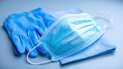 Medical Mask and Gloves on Soft Blue Background for Healthcare Use
