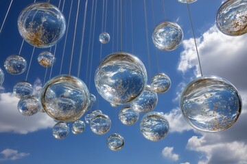Glass sphere light installation against a blue sky