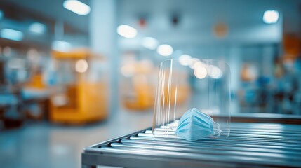 Medical Mask on Metal Rack in Hospital Environment with Blurred Background