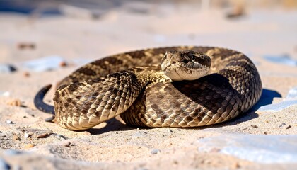 Naklejka premium A coiled rattlesnake in sandy terrain