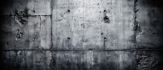 Fototapeta premium Rough, aged concrete wall with visible seams, cracks, and textures in a dark, industrial setting