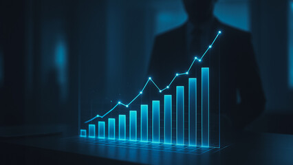 A dynamic 3D graph representing a financial forecast. A silhouette of a business person underscores the success and growth.