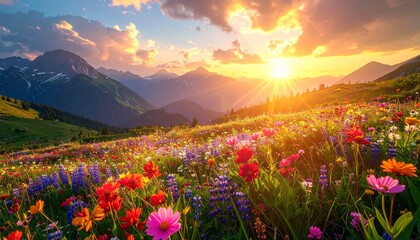 Obraz premium Vibrant wildflower meadow in full bloom with colorful flowers, majestic mountains, and a golden sunrise creating a breathtaking natural landscape.