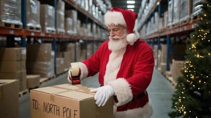 Santa Claus diligently packing gifts for delivery, spreading holiday cheer from a modern warehouse with Christmas tree ready for global distribution - Powered by Adobe