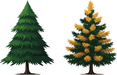 Coniferous trees, evergreen foliage, golden yellow branches, festive contrast, nature background, decorative pine, forest scene, seasonal color, botanical texture, outdoor landscape