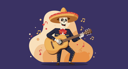 A lively flat design illustration showcasing a cheerful skeleton character dressed in a traditional mariachi outfit, playing a guitar, embodying the festive and musical spirit of Day of the Dead