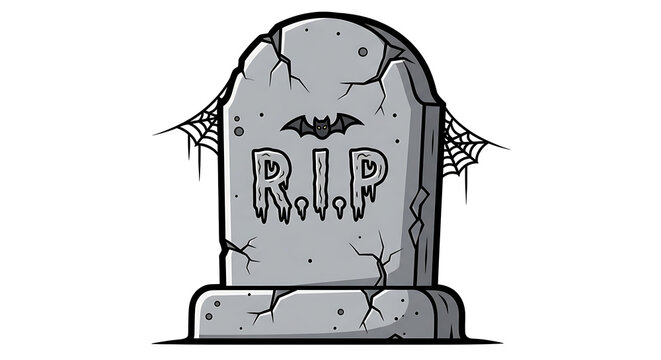 Creepy cemetery tombstone illustration featuring R.I.P. inscription, spiderwebs, and a bat motif, perfect for Halloween and spooky season designs