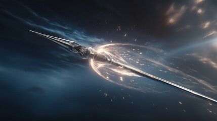 A javelin thrown at maximum speed, cutting through the sky, ballistic shockwave expanding around it, air distortion waves, cinematic slow-motion sports shot.