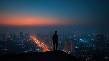 A man standing still on a rooftop, facing a modern city skyline, while the sun sets behind skyscrapers, sky rapidly shifting from blue to orange to deep night.